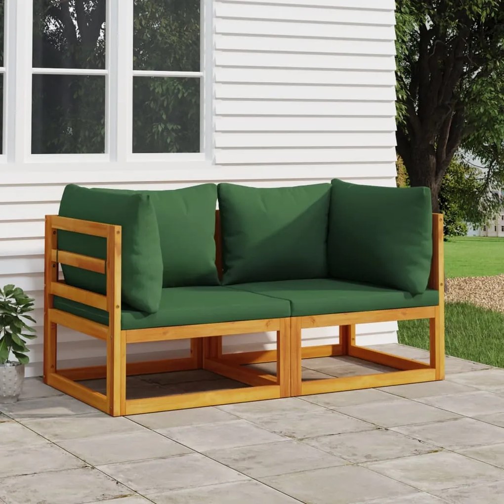 vidaXL Sofás canto seccionais 2 pcs acácia maciça c/ almofadões verdes