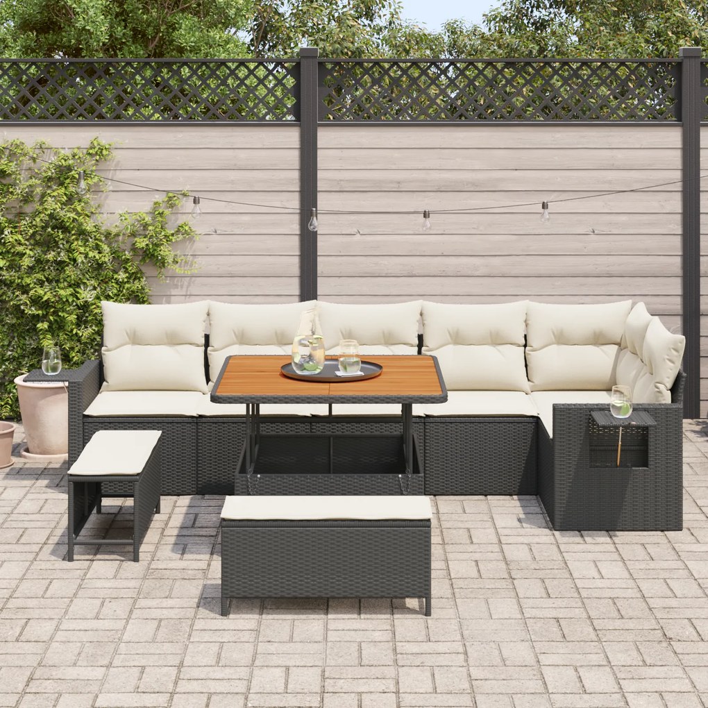 Conjunto de Sofá de Jardim de 9 Peças com Almofadas Vime Preto Acácia