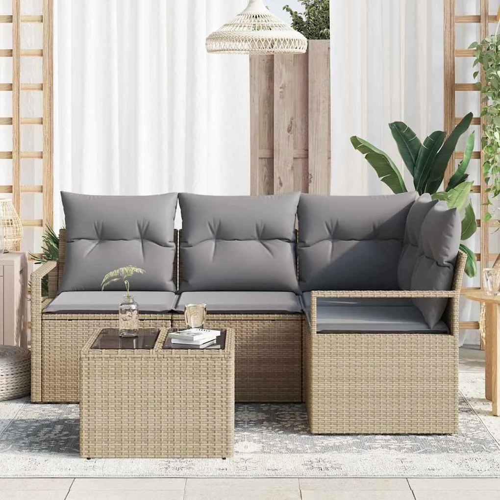 Sofá de Jardim de 5 Peças com Almofadas Pretas em Rattan