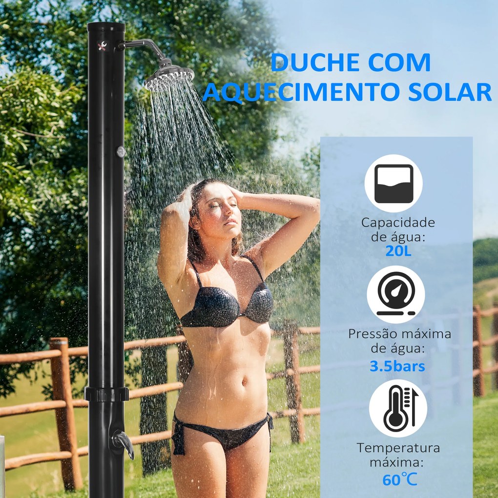 Duche Solar de Jardim 20L Duche de Exterior com Cabeça Redonda Torneira de Água Quente Máximo 60℃ 15,5x15,5x222 cm Preto