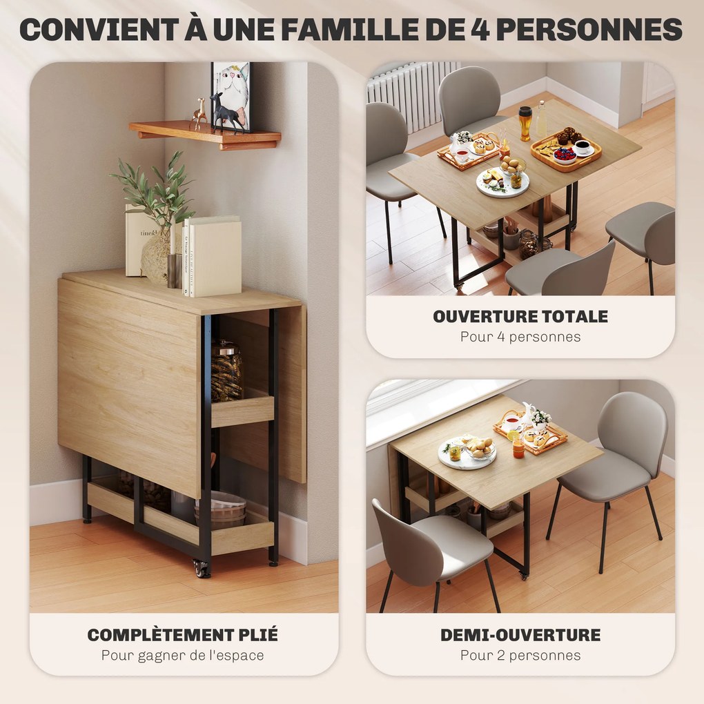 Mesa de jantar dobrável com rodas para 4 pessoas 133,4 x 80  x 75 cm (Desdobrada), com compartimentos abertos, ideal para espaços reduzidos cor carval