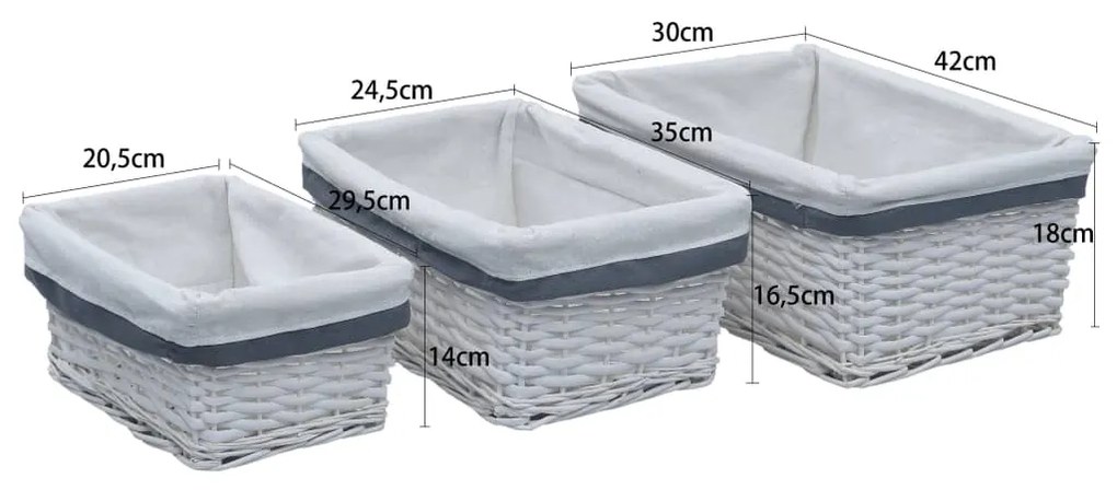 3 pcs conjunto de cestos de encastrar salgueiro branco