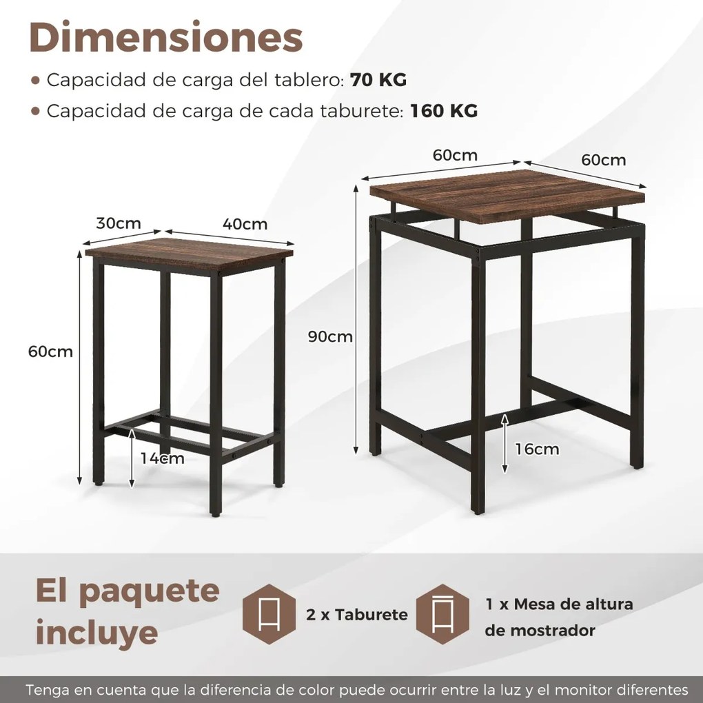 Conjunto de móveis de bar industrial de 3 peças com 2 bancos, mesa flutuante e apoio para os pés para cozinha de espaços pequenos Castanho