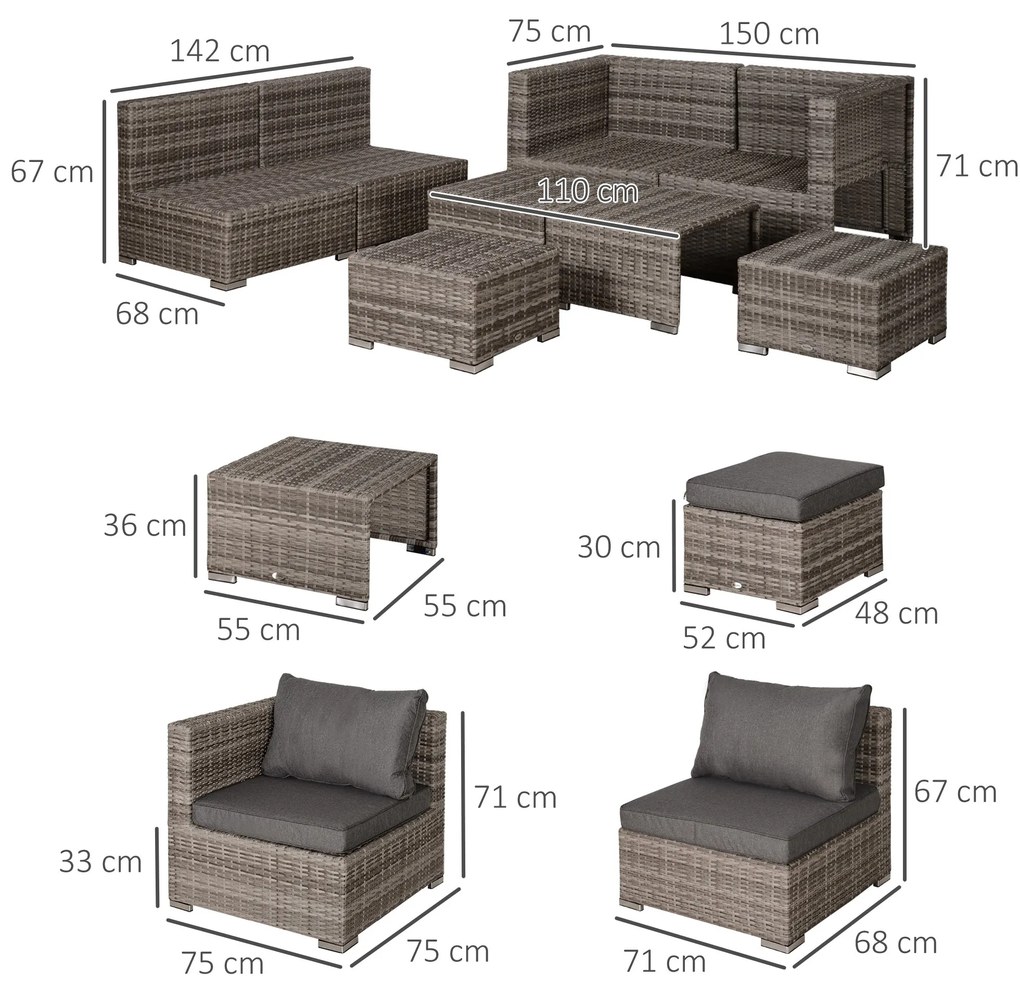 Conjunto de Móveis de Jardim 8 Peças de Vime com 2 Mesas de Centro Pol
