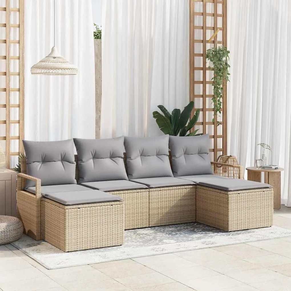 vidaXL Conjunto de Sofá de Jardim com Almofadas Bege e Rattan Sintético - 6 Peças