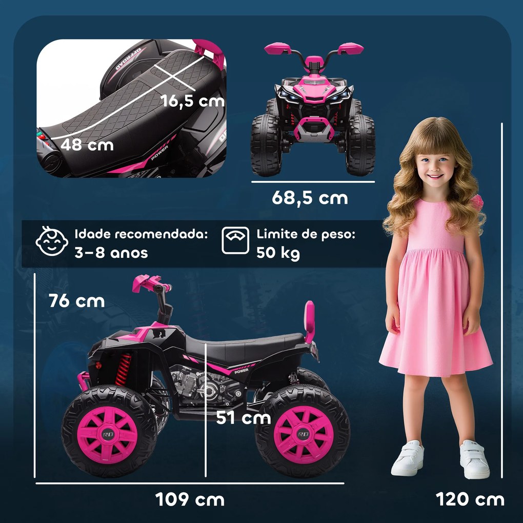 Moto 4 Elétrica para Crianças 24V com 2 Lugares 2 Motores Velocidade até 6,5 km/h Faróis Buzina Música e USB 109x68,5x76 cm Rosa