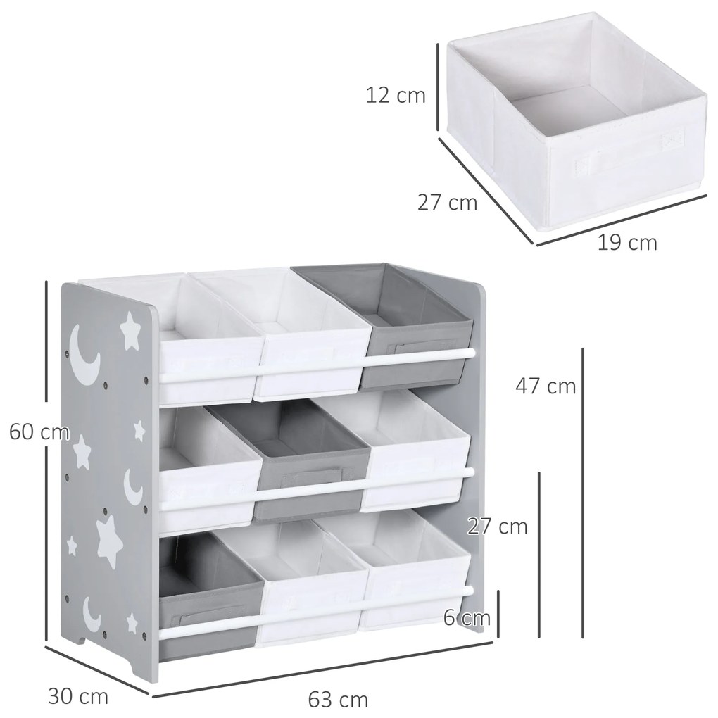 Estante para Brinquedos com 9 Caixas de Tecido não Tecido Amovíveis Organizador de Brinquedos 63x30x60 cm Cinza