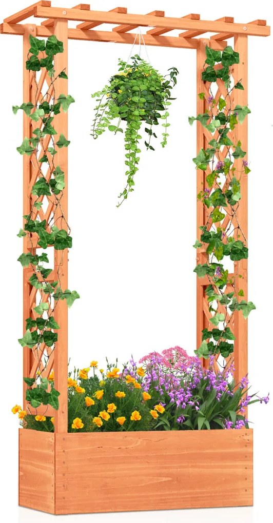 Floreira de jardim elevada com treliça de madeira 66 x 32 x 152 cm com teto para pendurar; Orifícios de drenagem para plantas trepadeiras Laranja