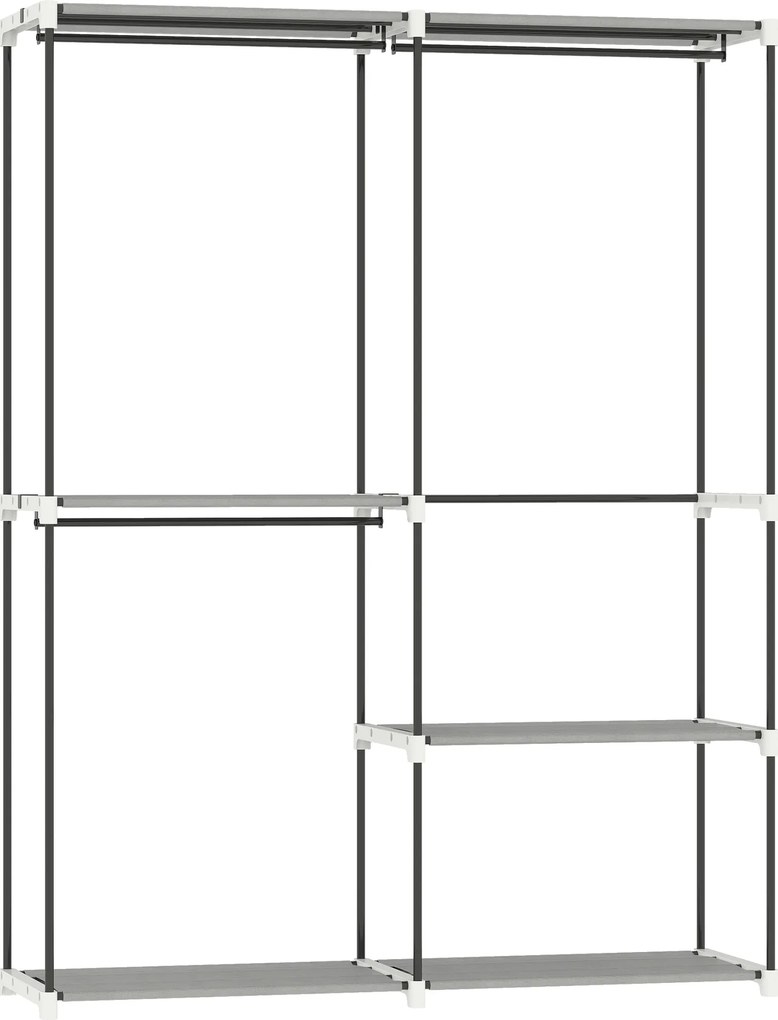 HOMCOM Armário de Roupa Aberto 142x43x185 cm Armário para Roupas com 4 Prateleiras de Tecido 3 Barras para Pendurar Cinzento | Aosom Portugal