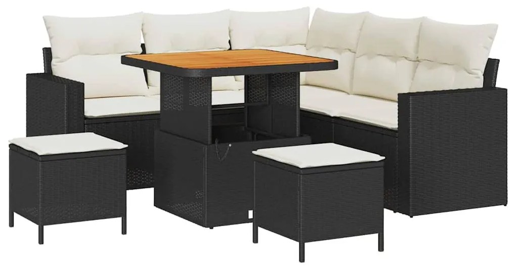 Conjunto de Sofás de Jardim 8 Peças com Almofadas Preto Vime PE Acácia