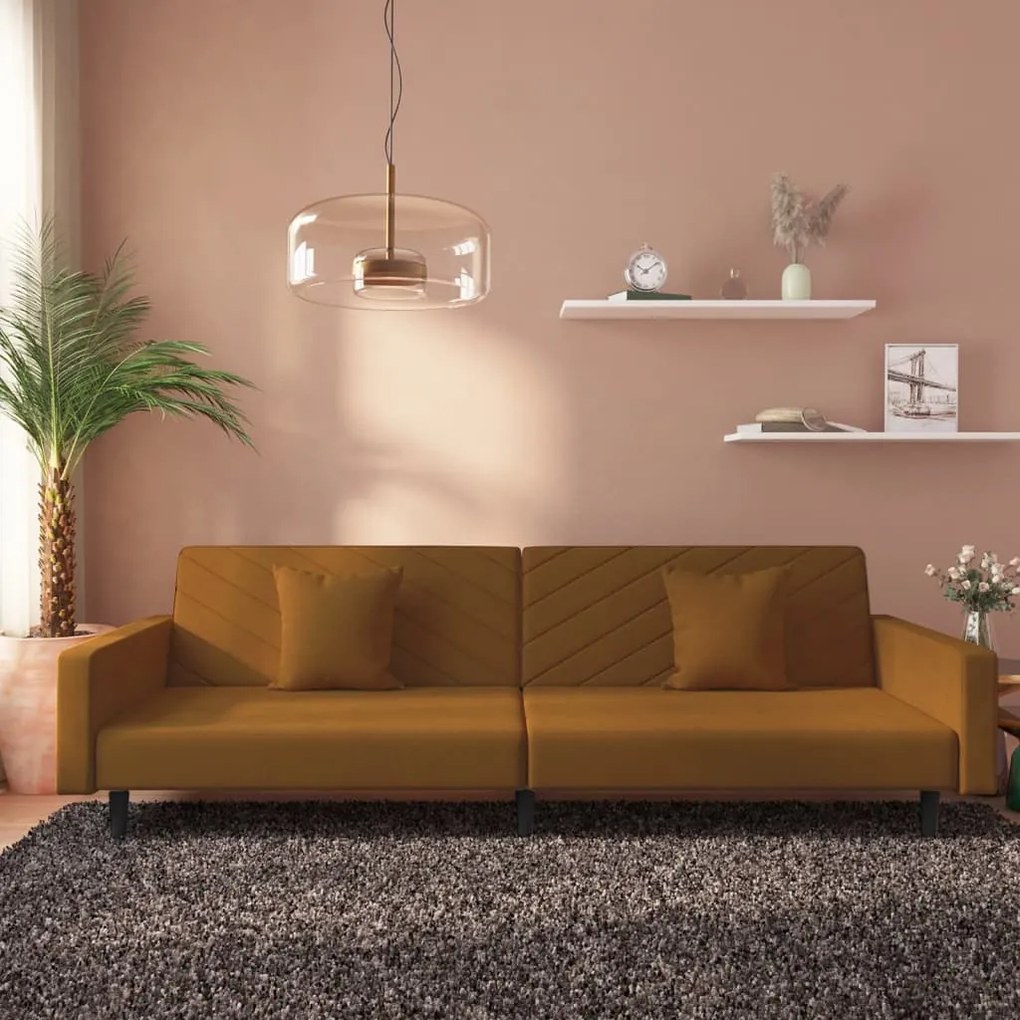 337636 vidaXL Sofá-cama 2 lugares com duas almofadas veludo castanho
