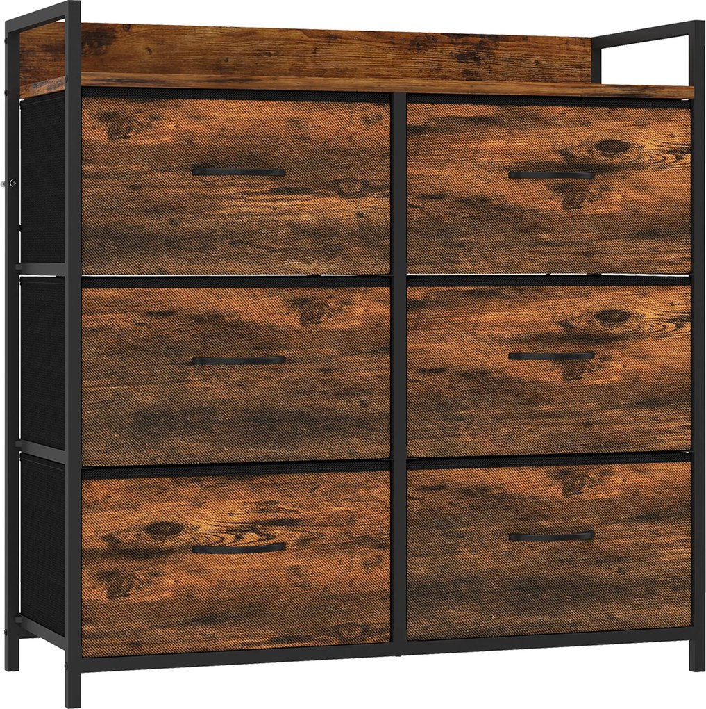 Cômoda, móvel de arrumação para quarto 6 gavetas tecido não tecido estrutura em aço, 80 x 29 x 85 cm, efeito madeira mogno