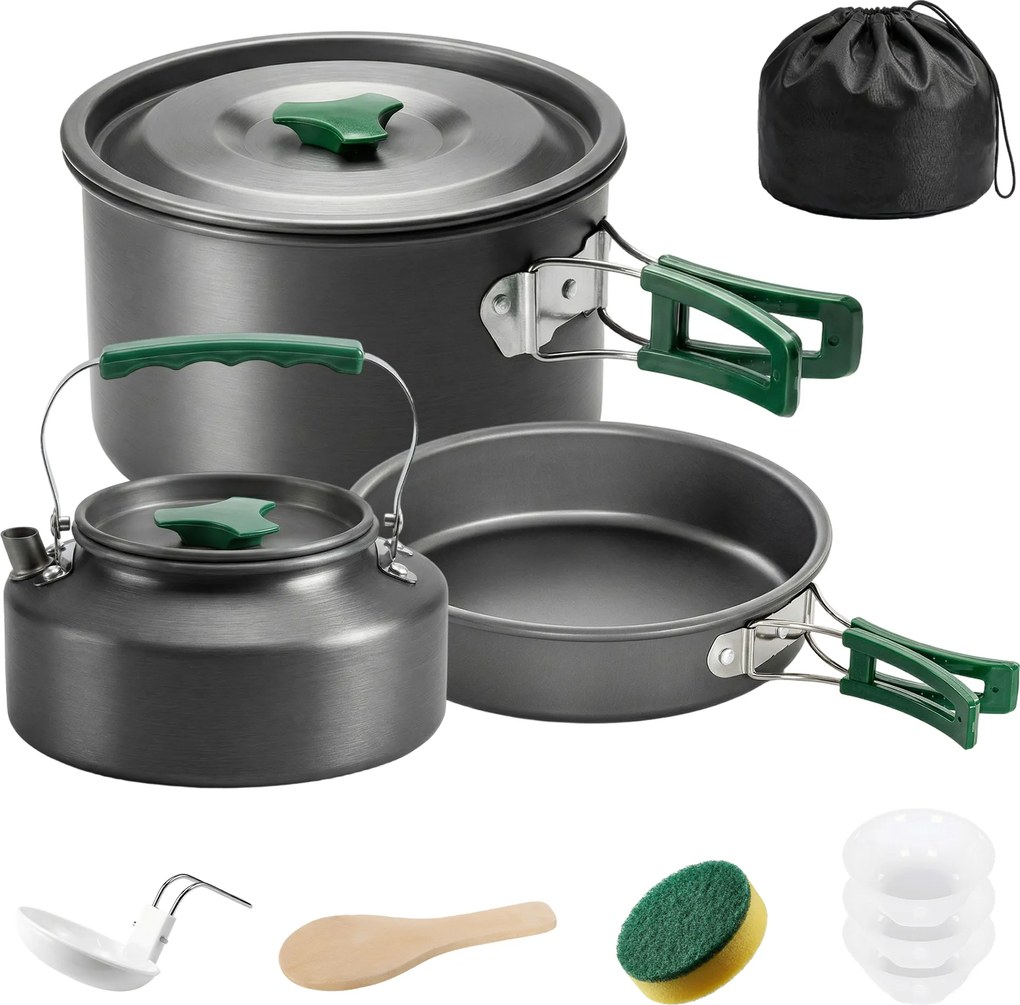 Outsunny Kit de Panelas para Camping em Alumínio 11 Peças, com Saco de Arrumação e Alças Anti-Queimaduras, Ø19x10cm, Cinzento | Aosom Portugal