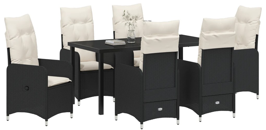 Conjunto de Jantar de Jardim de 7 Peças com Almofadas em Preto Rattan