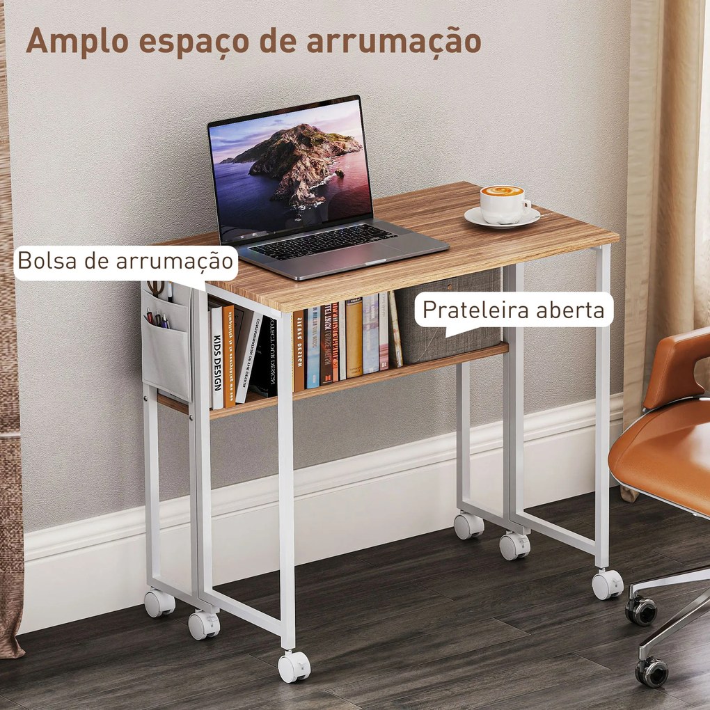 Secretária Dobrável com Rodas e Prateleira Mesa Secretária Compacta com Bolsa de Armazenamento 80x50x75 cm Madeira e Branco