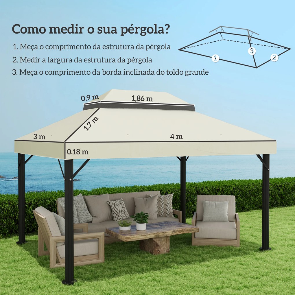 Toldo de Substituição para Pérgola 4x3 m (NÃO INCLUIDA) Toldo para Pérgola com Teto Duplo e Proteção UV 30+ Creme