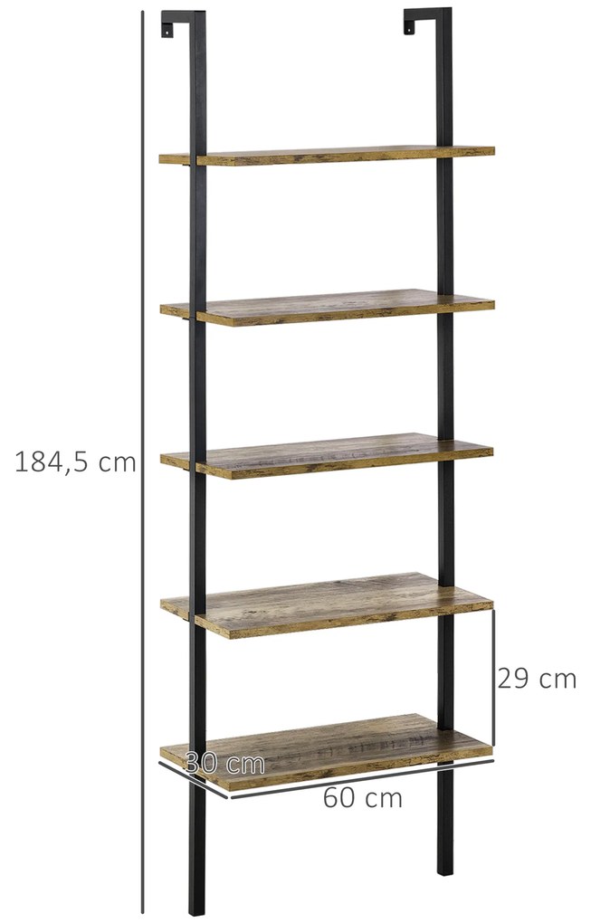 HOMCOM Estante de Escada com 5 Prateleiras Estante de Livros de Parede com Estrutura de Metal para Sala de Estar Escritório Estilo Industrial Carga máxima 25kg 60x30x184,5cm Marrom