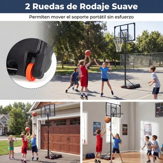 Cesto de basquetebol infantil com altura ajustável (206-273,5 cm), base recheável, rodas, para interior e exterior, preto