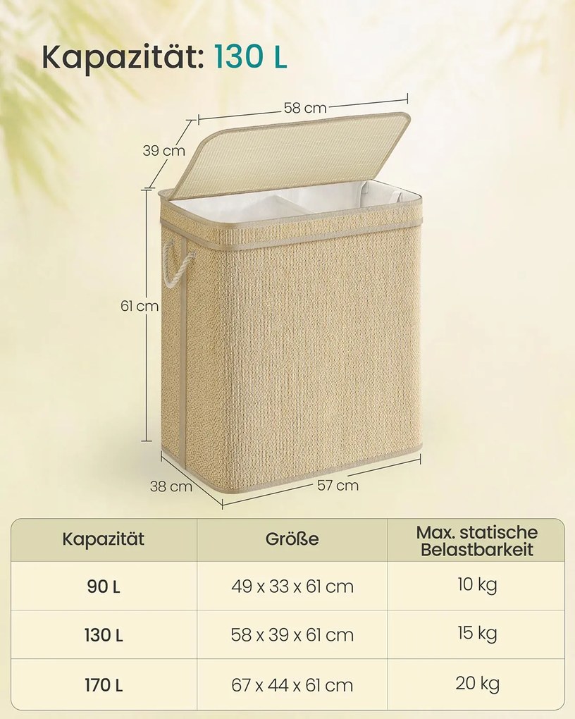 Cesto para roupa suja de 130 litros 67 x 44 x 61 cm em bambu com 2 compartimentos e tampa, cor natural
