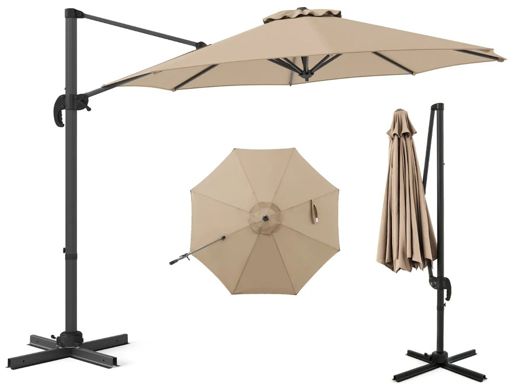 Guarda-sol redondo jardim 294 x 247 cm Guarda-sol suspenso com rotação de 360° Base cruzada 5 inclinações ajustáveis Bege