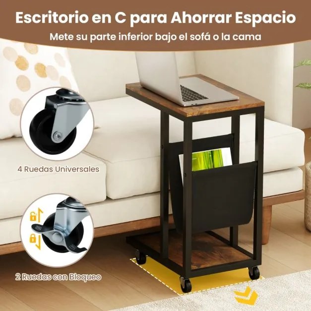 Mesa Auxiliar em Forma de C com Rodas Mesa de Sofá Industrial de 3 Níveis com Estrutura de Metal 40 x 28 x 59 cm Castanho Rústico