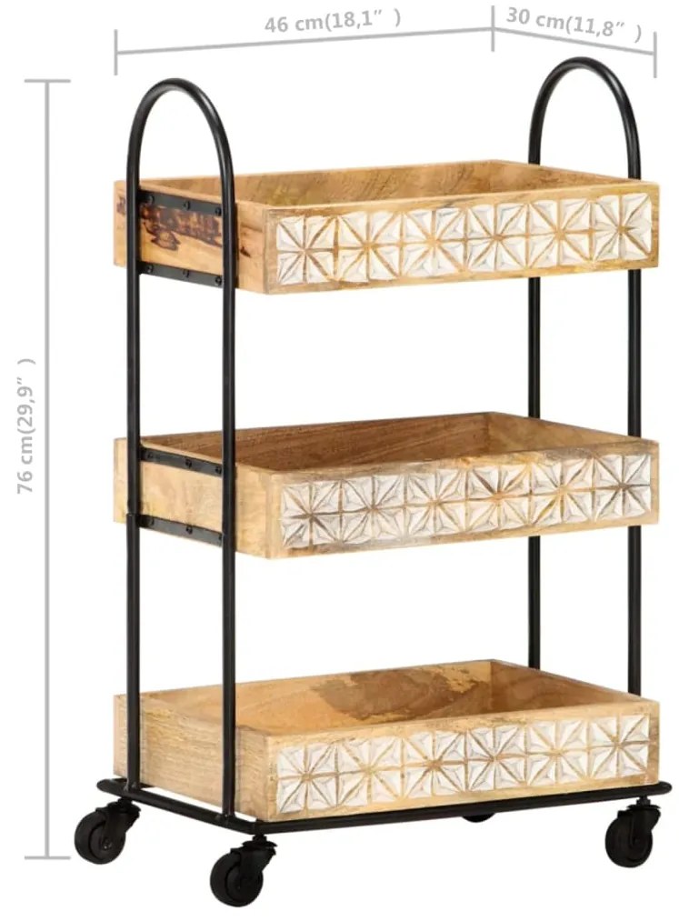 Carrinho de cozinha 3 prateleiras 46x30x76 cm mangueira maciça