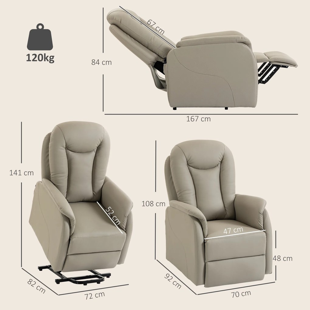 Cadeira Elevatória Elétrica, 92 x 70 x 108 cm, Massagem com Aquecimento, Cinzento