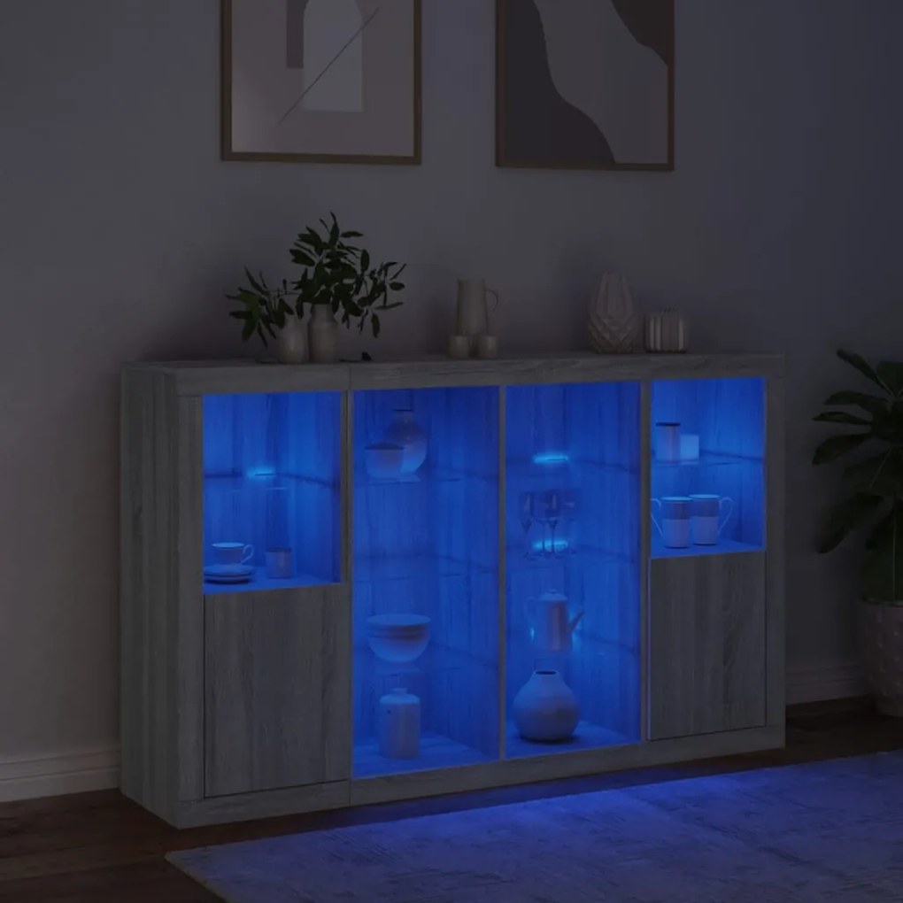 Aparadores c/ LEDs 3 pcs derivados de madeira cinzento sonoma