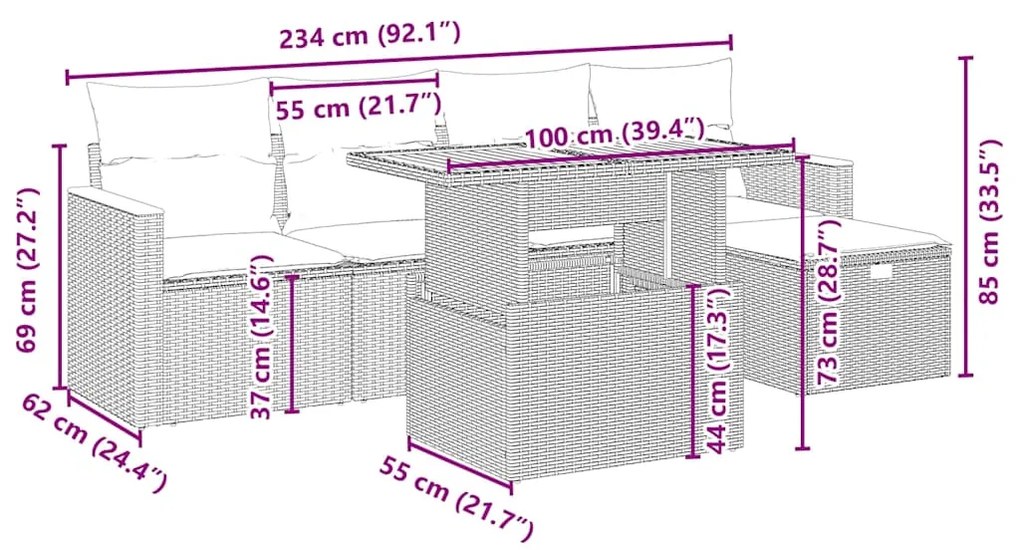 6 pcs conjunto de sofás p/ jardim com almofadões vime PE bege
