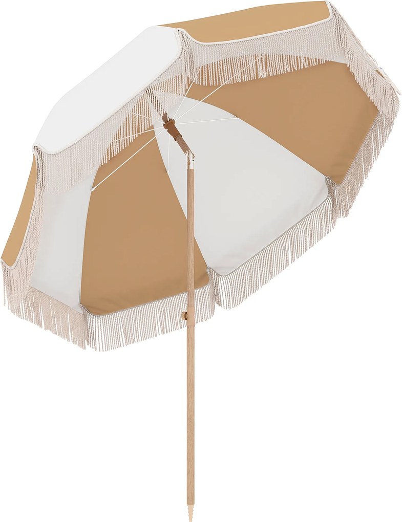 Outsunny Chapéu de Sol de Praia com Franjas Ø175 cm Chapéu de Sol de Terraço Exterior com Altura Ajustável Inclinação de 30° em Branco e Bege | Aosom Portugal