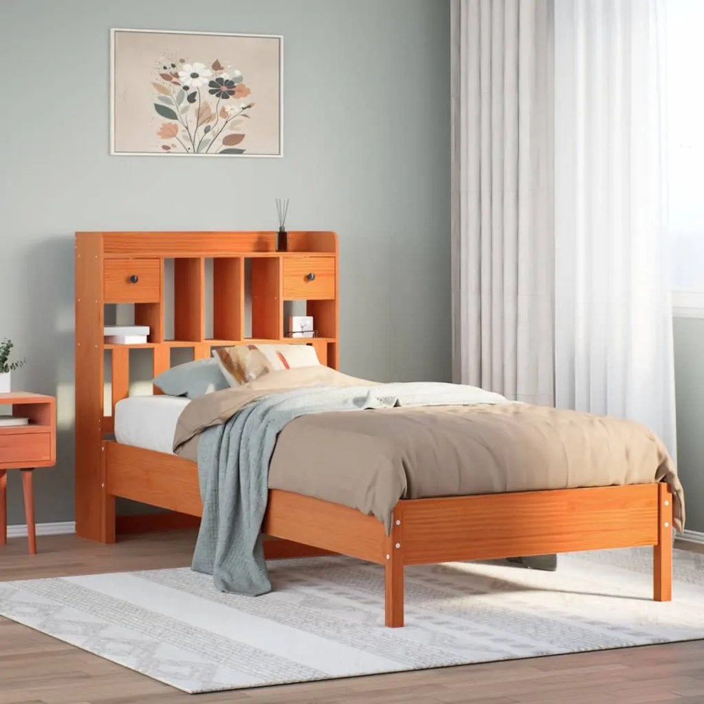 vidaXL Cama com estante sem colchão 90x200cm pinho maciço castanho-mel