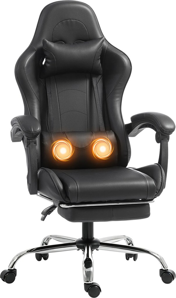 HOMCOM Cadeira Gamer Ergonômica com Almofada Lombar Massageadora, Cadeira Gamer Reclinável em Couro Sintético, Preto | Aosom Portugal