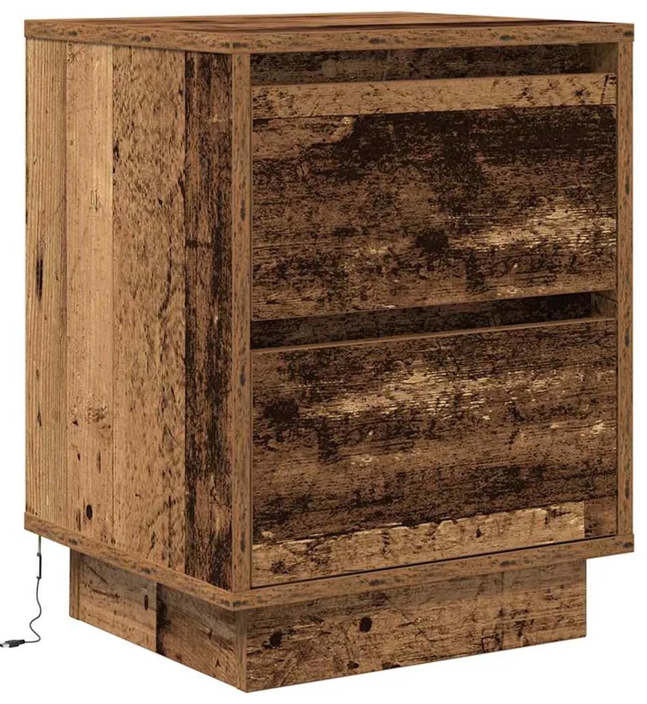 Mesa de cabeceira com luzes LED 38x34x50 cm madeira velha