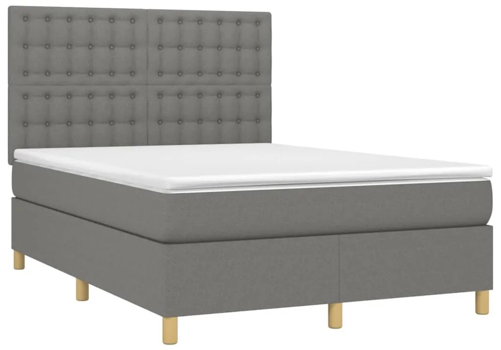 Cama box spring c/ colchão e LED 140x200 cm tecido cinza-escuro