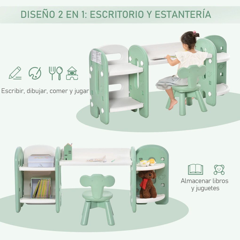 HOMCOM Conjunto de Mesa e Cadeira Infantil 2 em 1 com Prateleira Conjunto de Mesa e Cadeira para Crianças com 4 Prateleiras de Armazenamento para Livros Brinquedo 150x35x62,5cm Verde e Branco