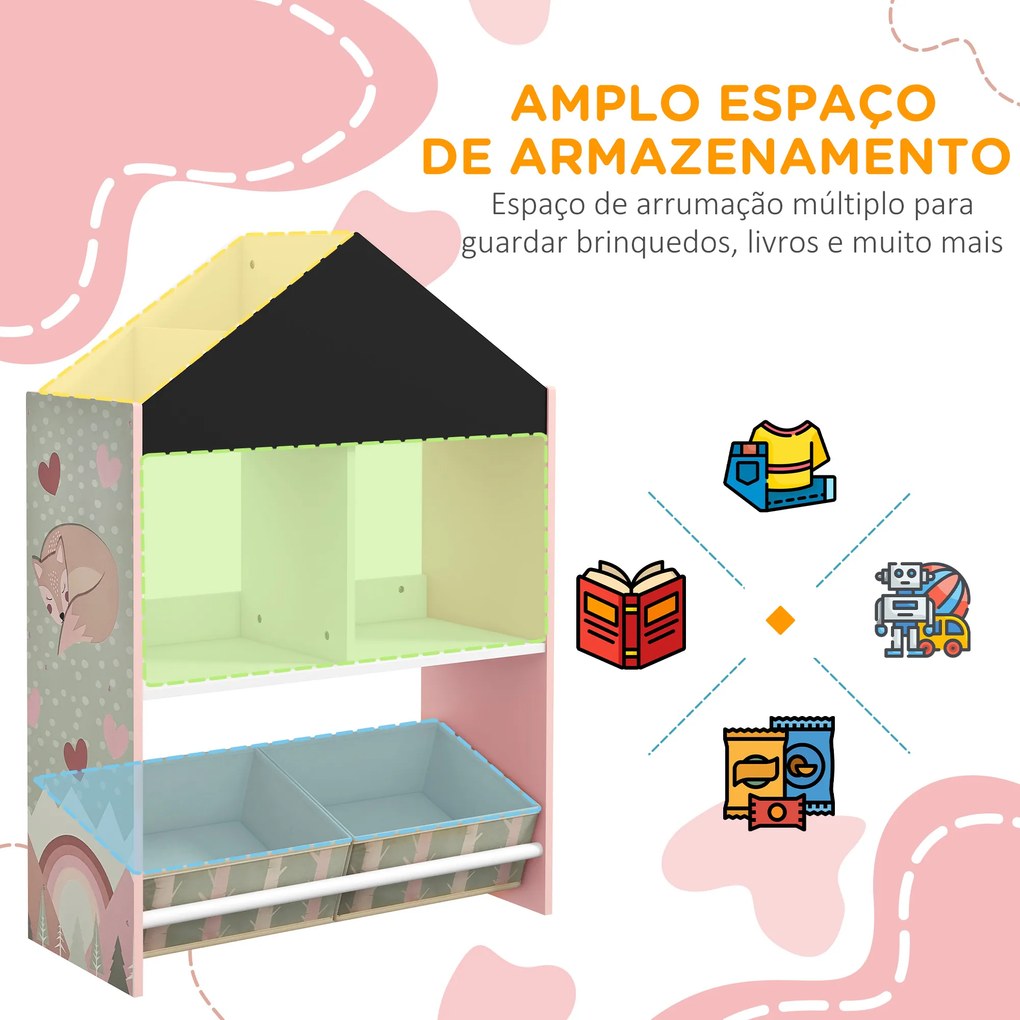 Estante para Brinquedos Organizador Infantil com Prateleiras Abertas e 2 Caixas de Tecido não Tecido Amovíveis 62,4x26,5x90 cm Rosa