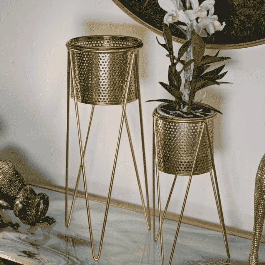 CONJUNTO DE 2 PORTA-VASOS GLAT DOURADO 21X20X46-18X18X32 CM (PLANTAS NÃO INCLUIDAS)