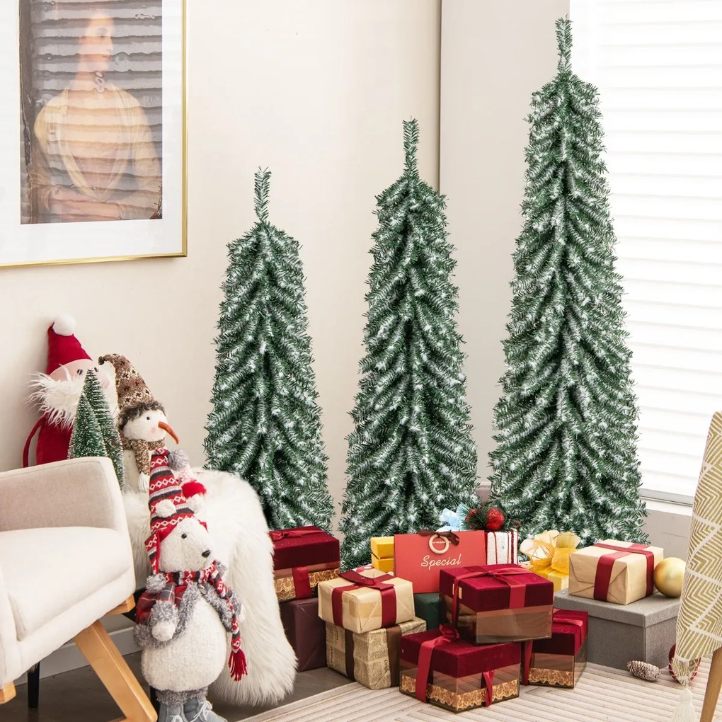 Conjunto de 3 árvores de Natal artificiais em forma de lápis 120/150/180cm com neve realista 100/120/180 luzes LED 216/302/505 pontas de ramos Verdes