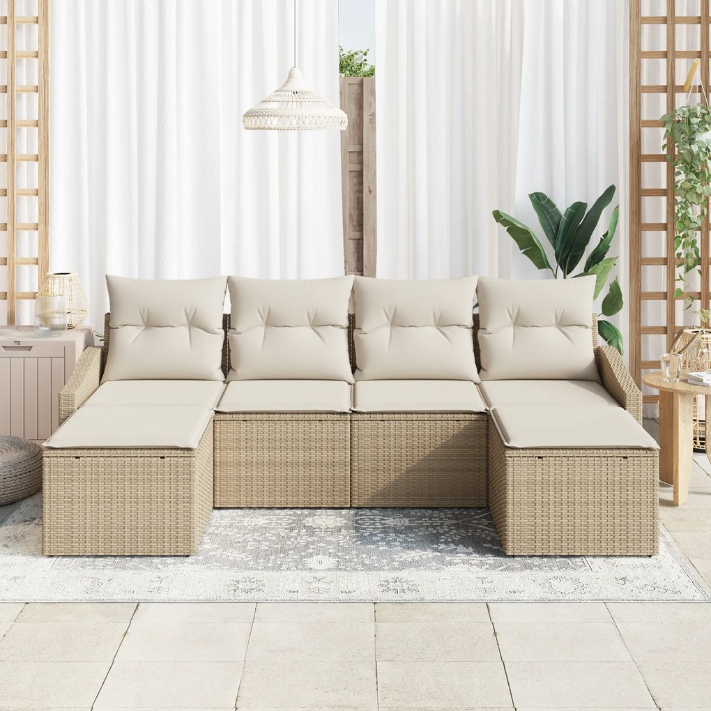 Conjunto de Jantar de Jardim de 6 Peças com Almofadas Bege Rattan