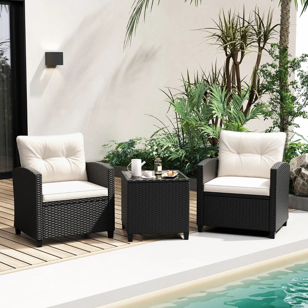Conjunto de móveis de jardim de 3 peças de rattan com almofadas de assento e encosto e Mesa de centro de vidro temperado branco / preto