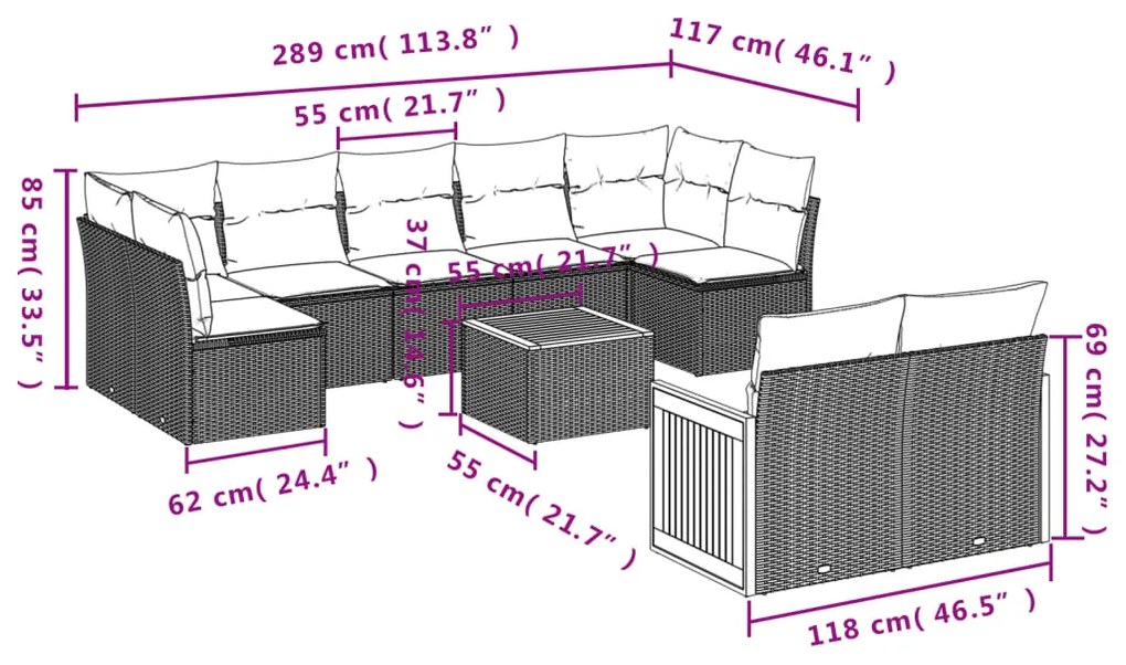 9 pcs conjunto de sofás p/ jardim c/ almofadões vime PE preto