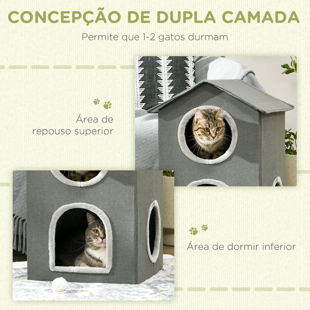 Casa para Gatos de 2 Níveis Cama para Gatos Caverna para Gatos com 3 Portas e Almofadas Laváveis 42x46x59,5 cm Cinza