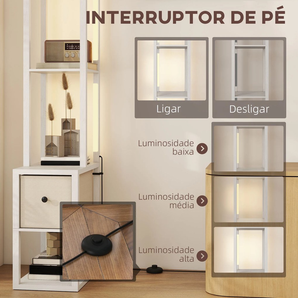 Candeeiro de Pé Moderno com Prateleiras Abertas Gaveta de Tecido e Interruptor de Pé 43,5x26,5x169 cm Branco