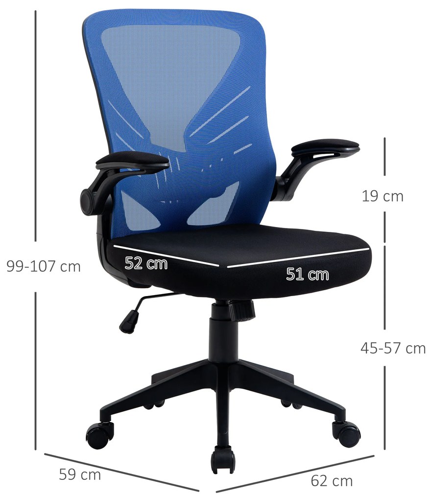 Cadeira de Escritório Ergonômica Giratória com Altura Ajustável Apoio para os Braços e Suporte Lombar Transpirável 62x59x99-107cm Azul e Preto
