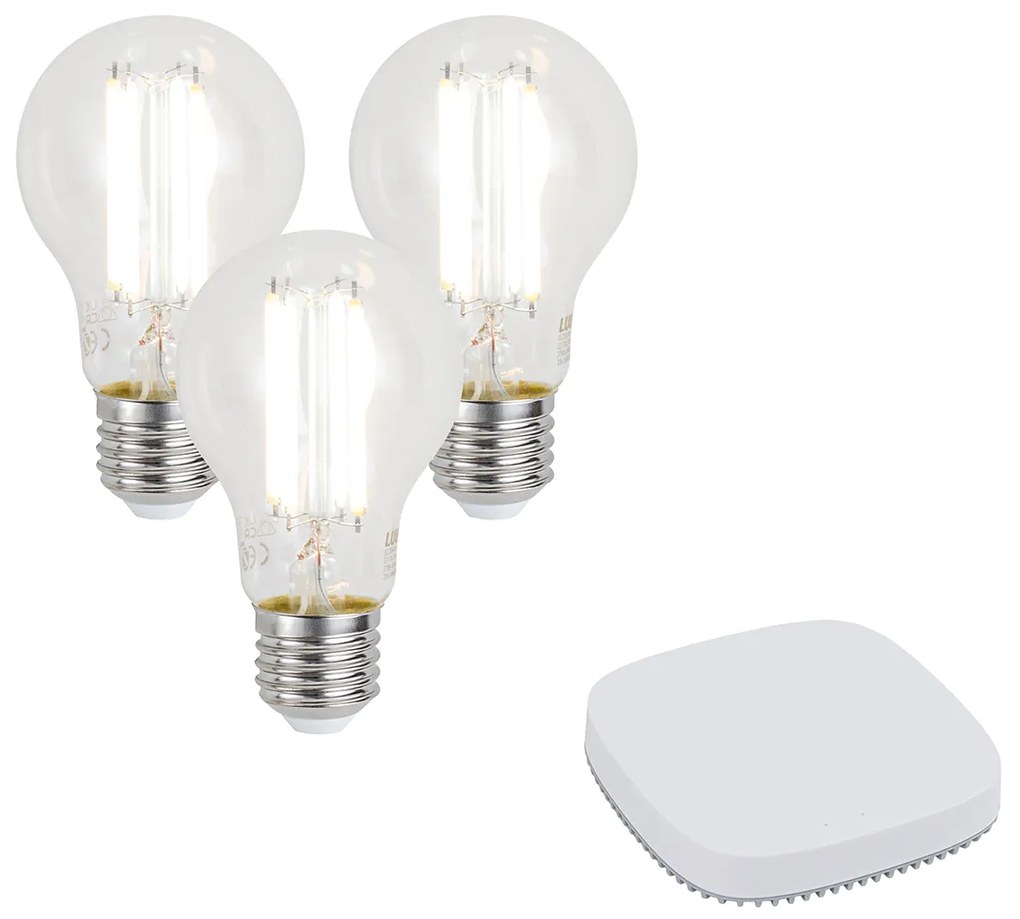 Conjunto de 3 lâmpadas LED E27 inteligentes reguláveis A60 7W 806LM 2700-6500K incl. Zigbee Smart Hub