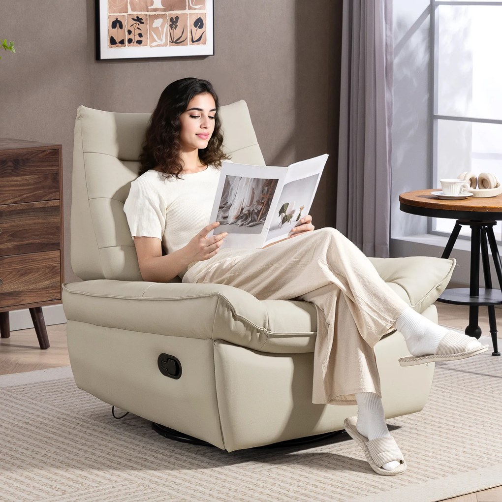 Poltrona Relax Reclinável Manual Giratória Função Baloiço Estofada em PU Reclinável até 135º 97x94x98 cm Creme