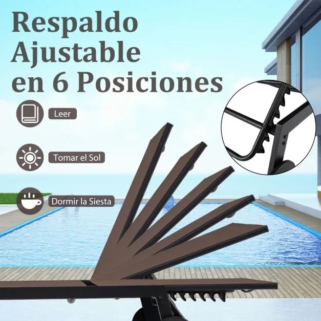 Conjunto de jardim com Espreguiçadeira jardim Tecido respirável Encosto ajustável Rodas e  Mesa de vidro temperado Castanho