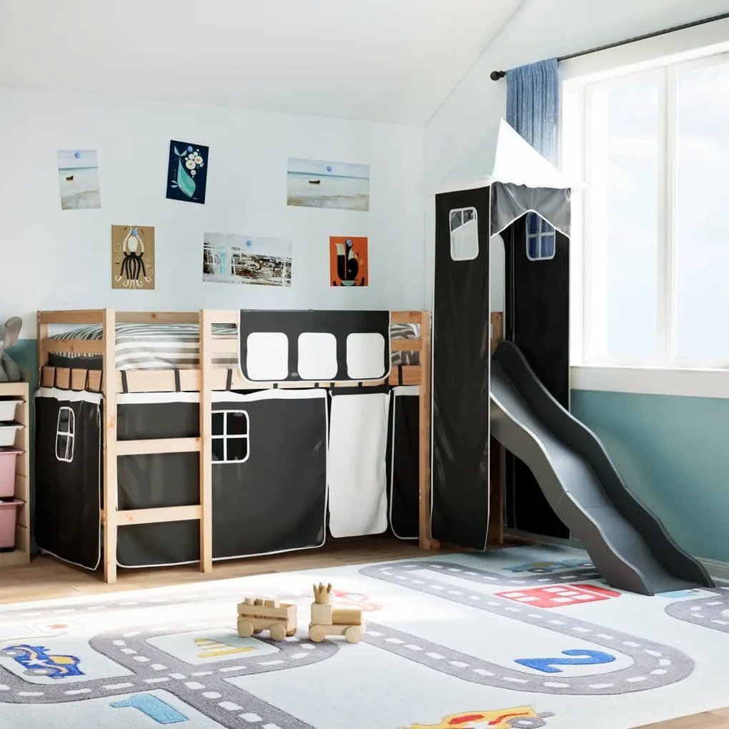 vidaXL Cama alta criança c/ torre 80x200 cm pinho maciço branco/preto