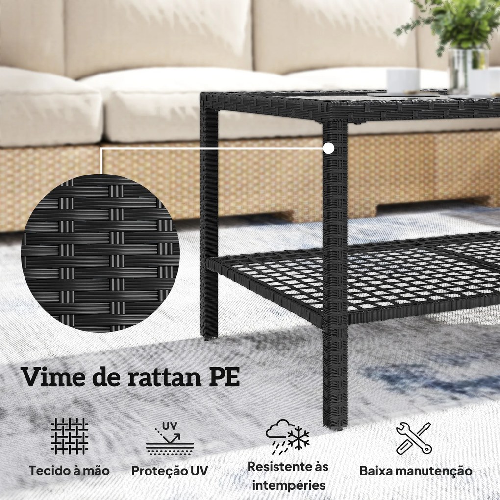 Mesa de Centro de Jardim em Ratã com Prateleira e Tampo de Vidro Temperado Estrutura de Aço 92x50x45 cm Preto