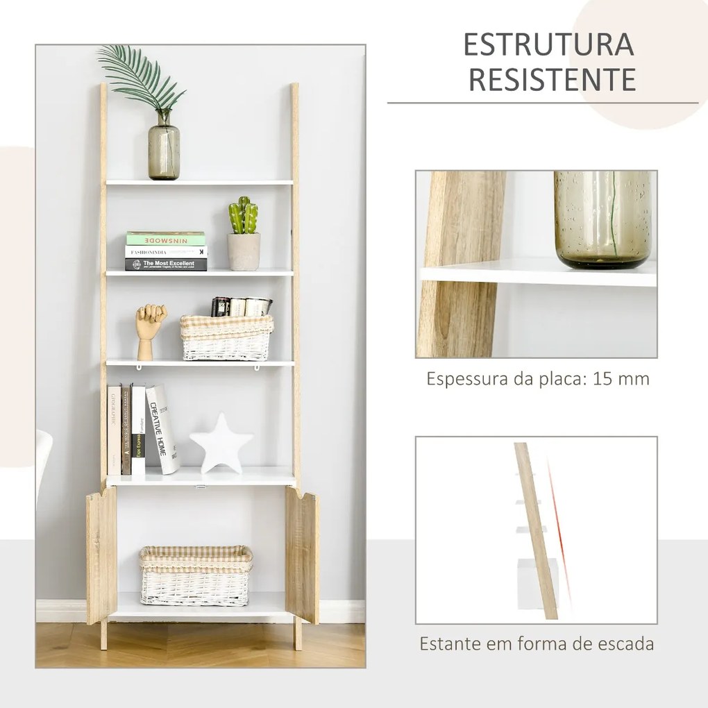 Estante em Forma de Escada de Madeira com 3 Prateleiras e 1 Armário Estante de Estilo Nórdico Moderno 60x40x171cm Carvalho e Branco